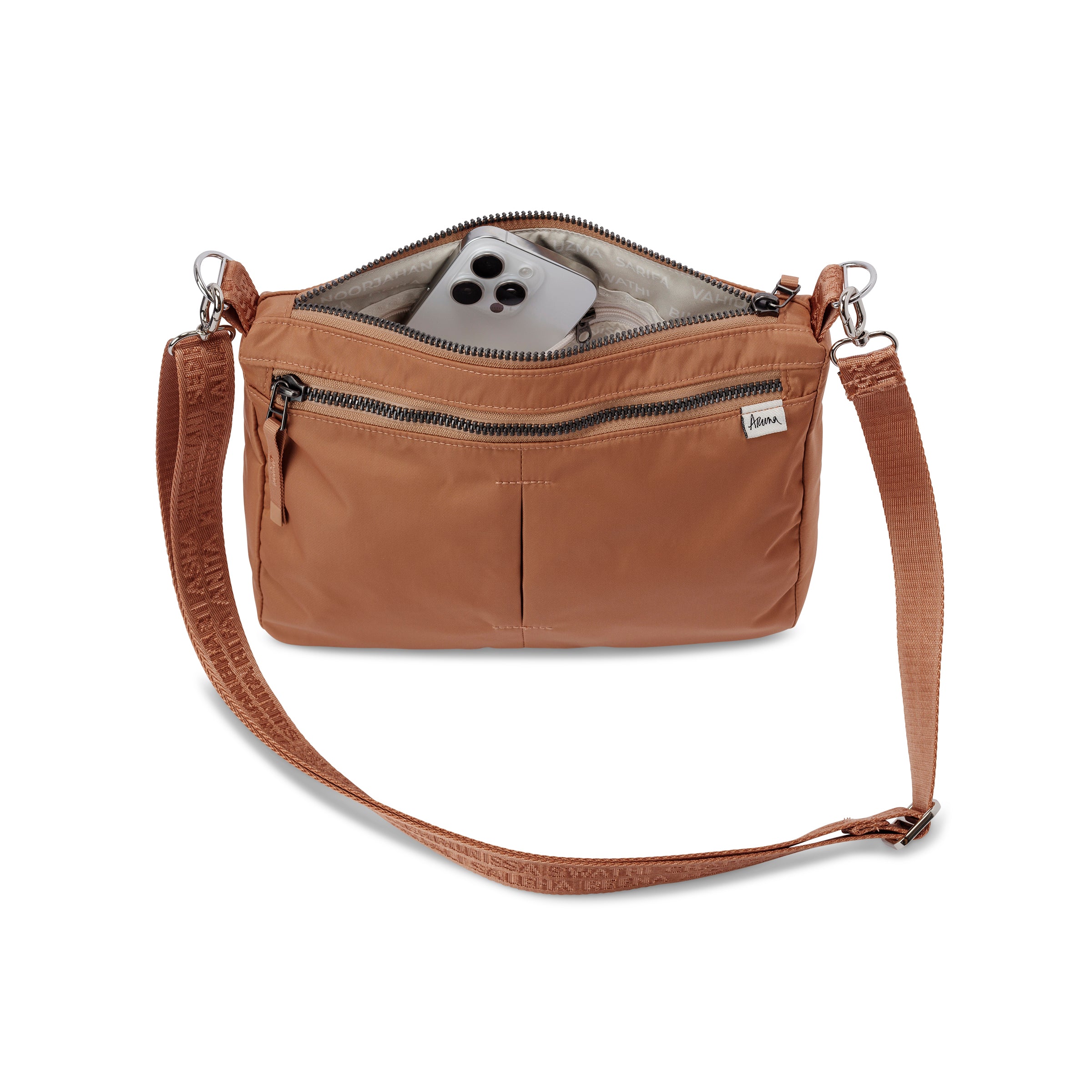 shree crossbody - sustainable nylon crossbody bag travel accessory #camel