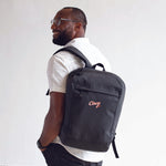  Close-up of Aruna and Cincy Hats collaborative Rani Backpack showcasing durable stitching #matte_black