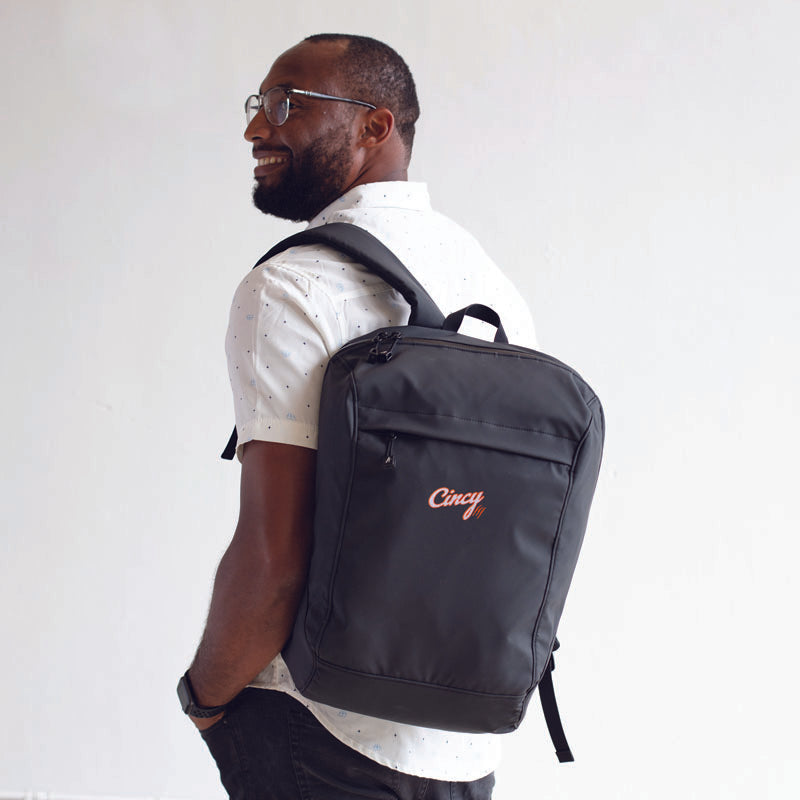  Close-up of Aruna and Cincy Hats collaborative Rani Backpack showcasing durable stitching #matte_black