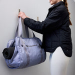 Women's lilac yoga tote bag with yoga mat holder and water bottle pocket #lilac