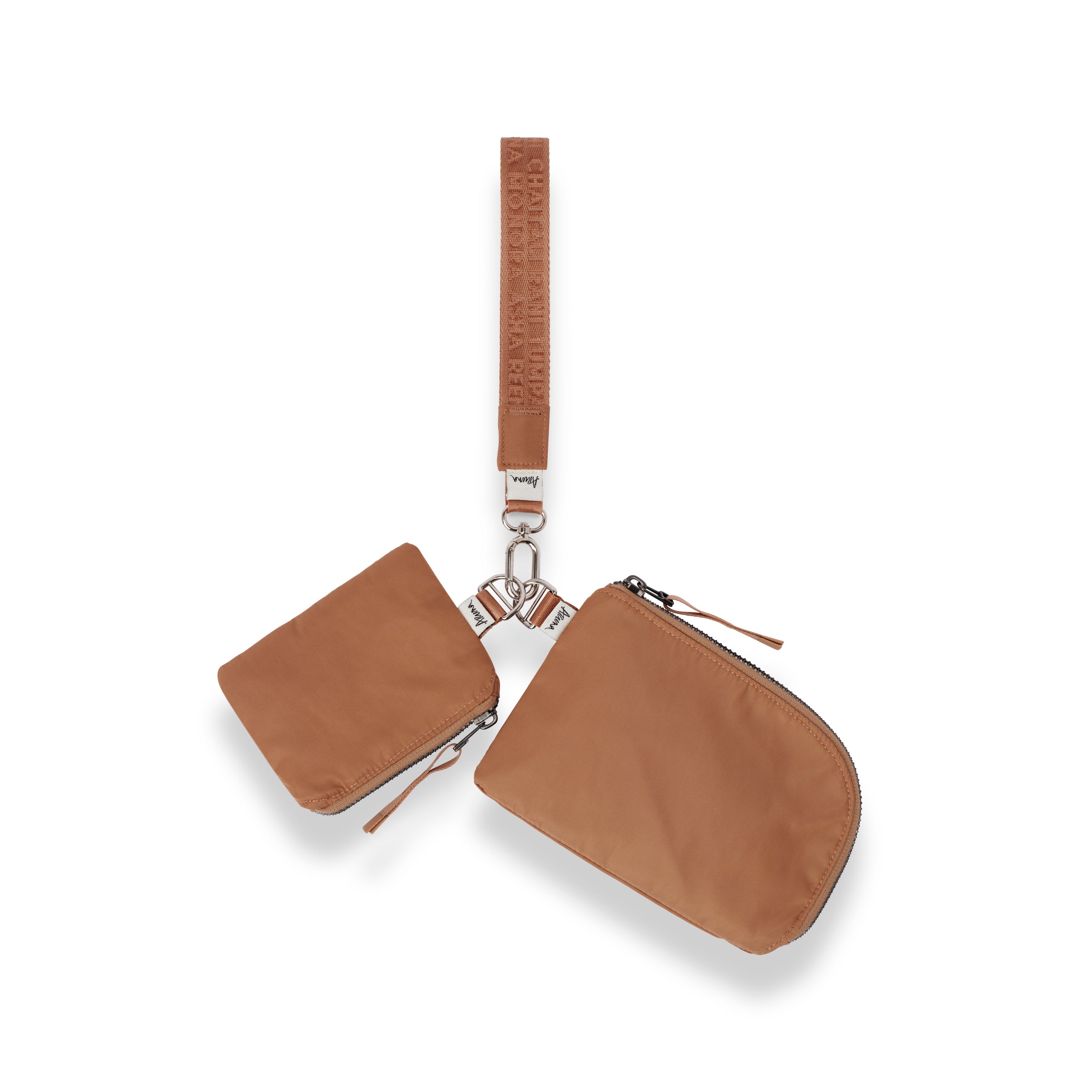 Mona Wristlet camel dual zip pouch wristlet purse with key lanyard #camel