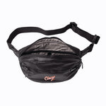 black fanny pack bag for women with cincy hats logo - bag is open  #black