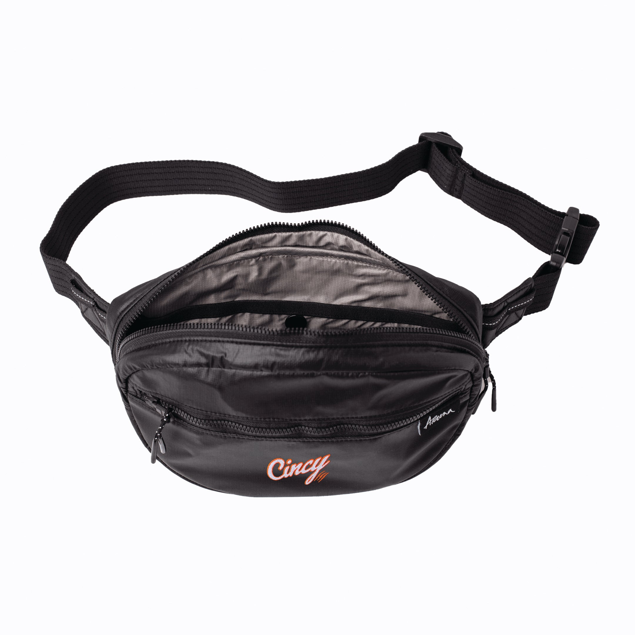 black fanny pack bag for women with cincy hats logo - bag is open  #black