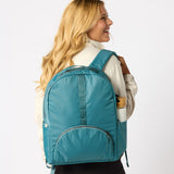 Teal travel backpack back view with shoulder straps. #solid_teal