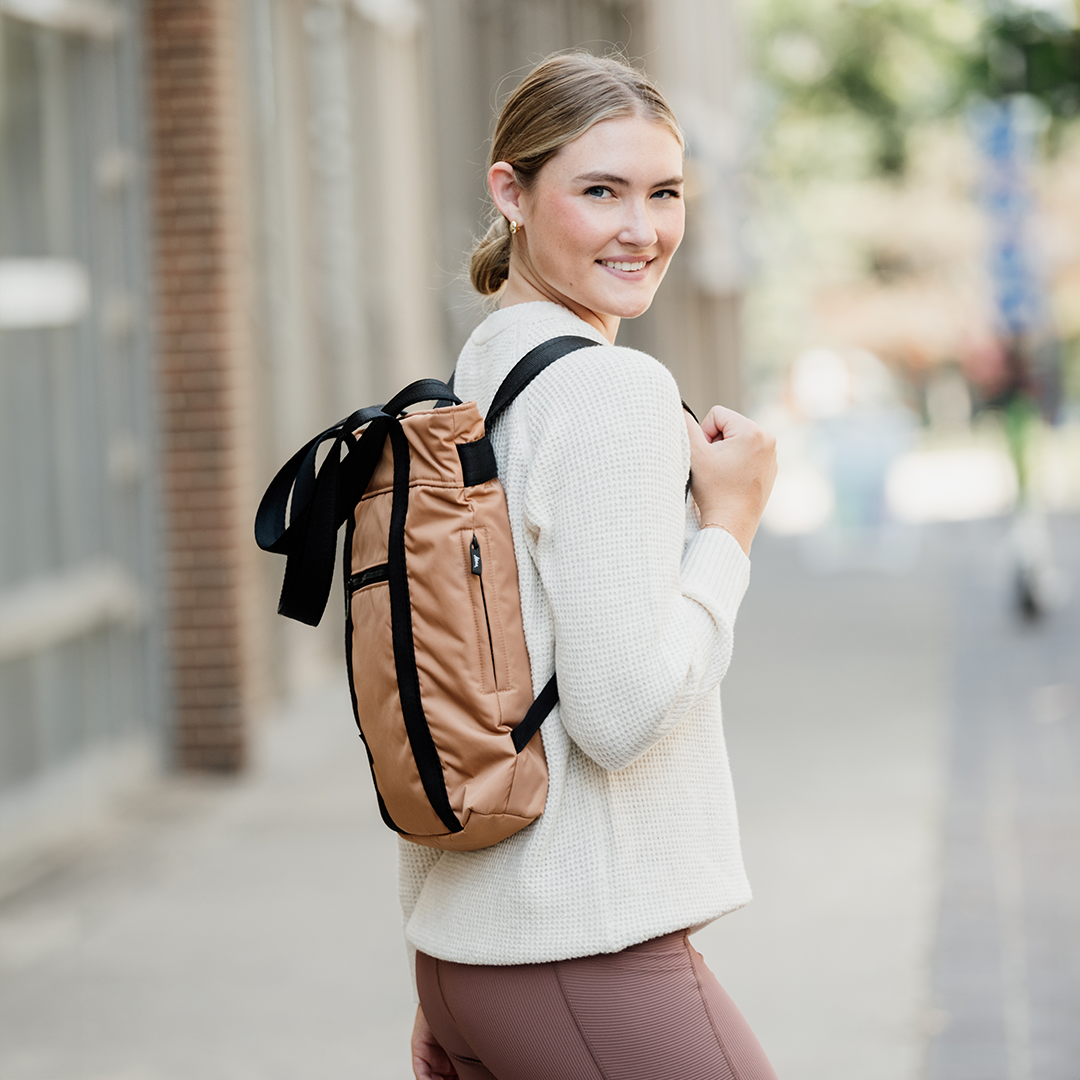 Women Wearing Bharti Backpack Tote Camel Laptop Bag Recycled Fabric Travel Everyday Bag #camel