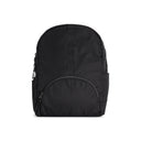 Black Geeta nylon backpack, front view showing the rounded zip front pocket and top grab handle. #black
