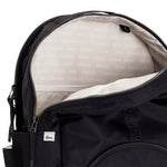 Black Geeta nylon backpack open at the top, revealing the gray and white printed-name lining inside the main compartment. #black