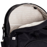 Black Geeta nylon backpack open at the top, revealing the gray and white printed-name lining inside the main compartment. #black
