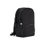 Black Geeta nylon backpack, side profile showing the slim depth, side pocket and padded shoulder straps. #black