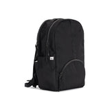 Black Geeta nylon backpack, side profile showing the slim depth, side pocket and padded shoulder straps. #black