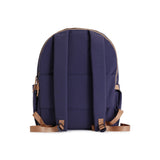 Indigo and Camel Geeta nylon backpack, back view showing the padded back panel and adjustable camel shoulder straps. #indigo_and_camel