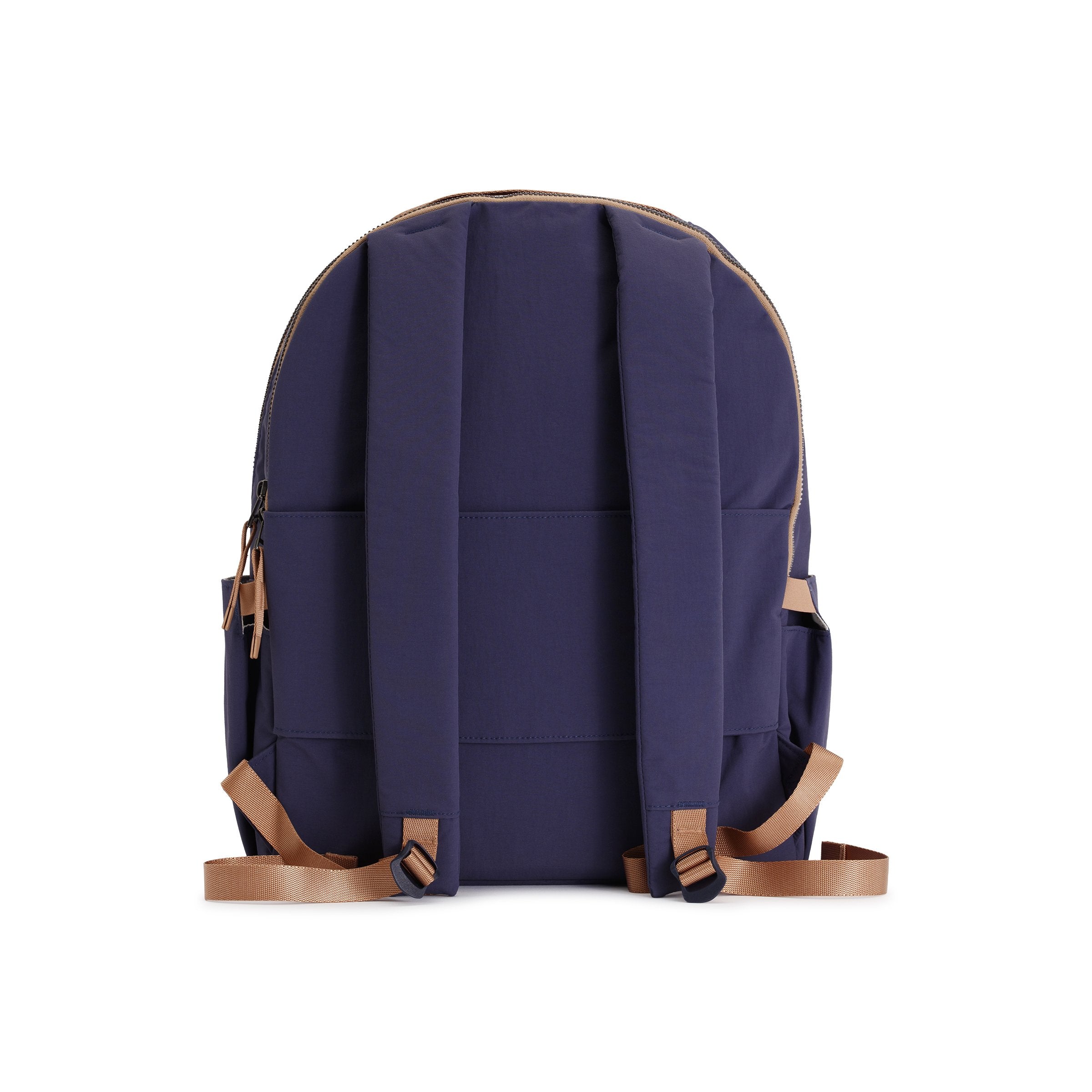 Indigo and Camel Geeta nylon backpack, back view showing the padded back panel and adjustable camel shoulder straps. #indigo_and_camel