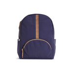 Indigo and Camel Geeta nylon backpack, front view with camel trim, rounded zip front pocket and top grab handle. #indigo_and_camel
