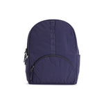Indigo Geeta nylon backpack, front view showing the rounded zip front pocket and top grab handle. #indigo
