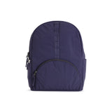 Indigo Geeta nylon backpack, front view showing the rounded zip front pocket and top grab handle. #indigo