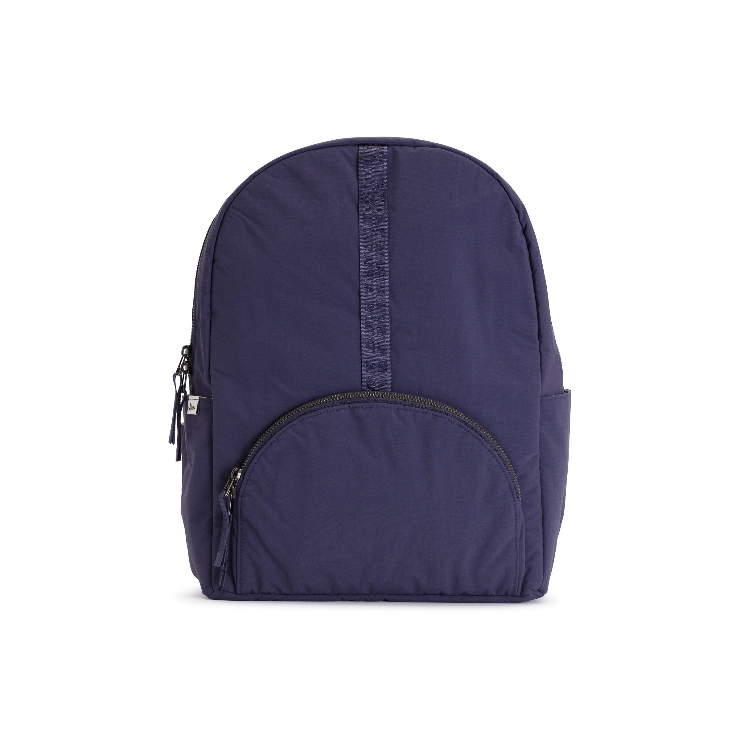 Indigo Geeta nylon backpack, front view showing the rounded zip front pocket and top grab handle. #indigo