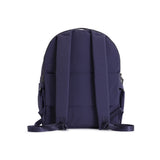Indigo Geeta nylon backpack, back view showing the padded back panel and adjustable shoulder straps. #indigo