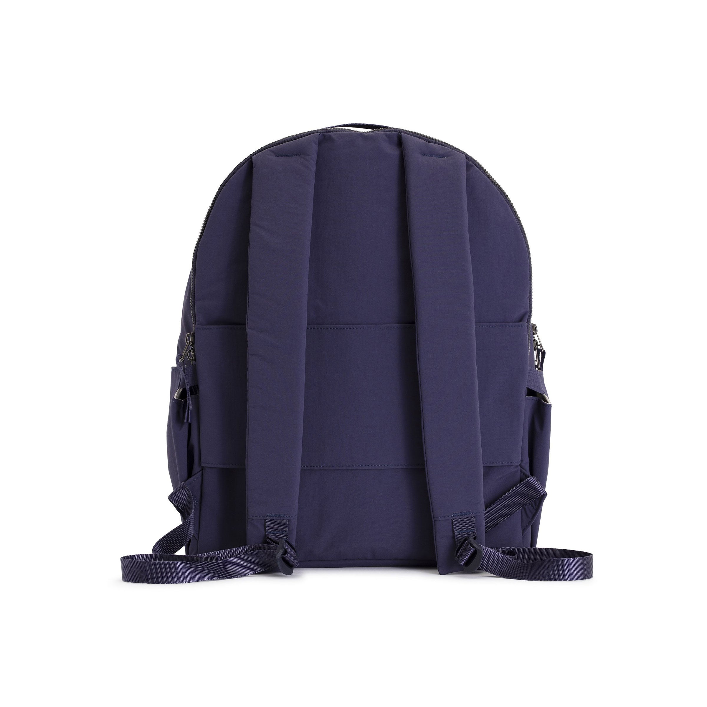 Indigo Geeta nylon backpack, back view showing the padded back panel and adjustable shoulder straps. #indigo