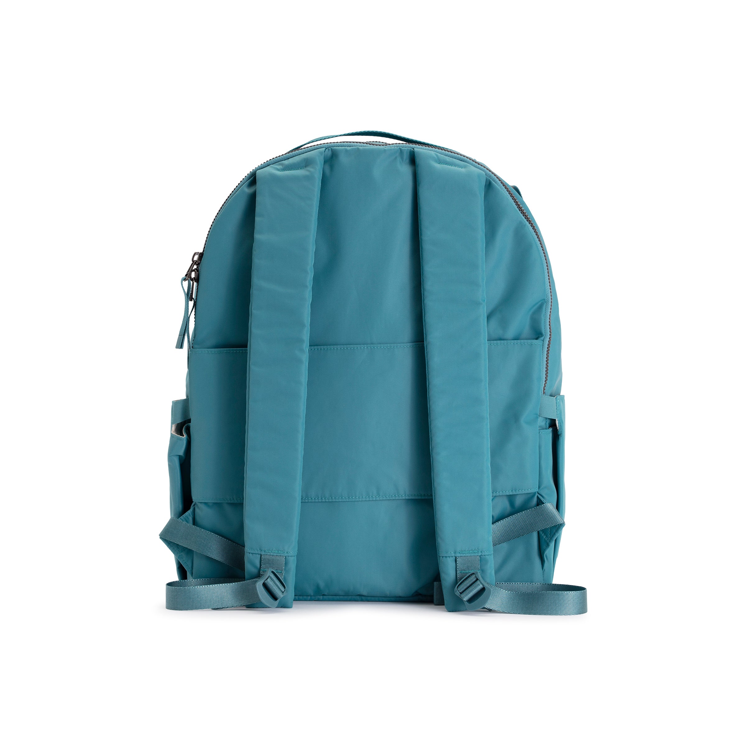 Solid Teal Geeta nylon backpack, back view showing the padded back panel and adjustable shoulder straps. #solid_teal