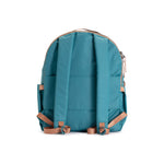 Teal and Camel Geeta nylon backpack, back view showing the padded back panel and adjustable camel shoulder straps. #teal_and_camel