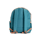 Teal and Camel Geeta nylon backpack, back view showing the padded back panel and adjustable camel shoulder straps. #teal_and_camel