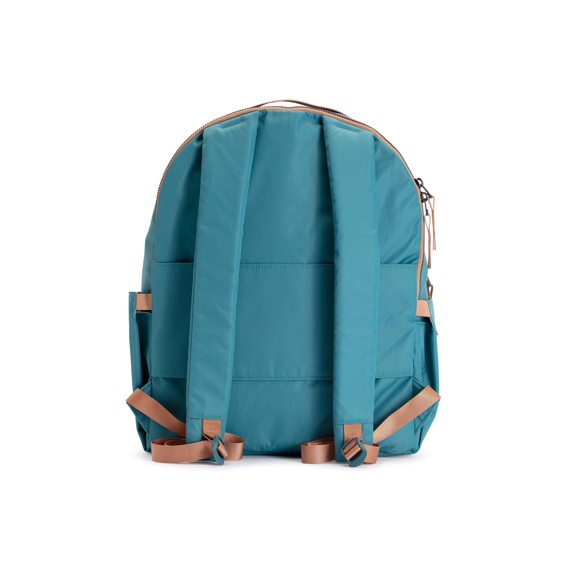 Teal and Camel Geeta nylon backpack, back view showing the padded back panel and adjustable camel shoulder straps. #teal_and_camel