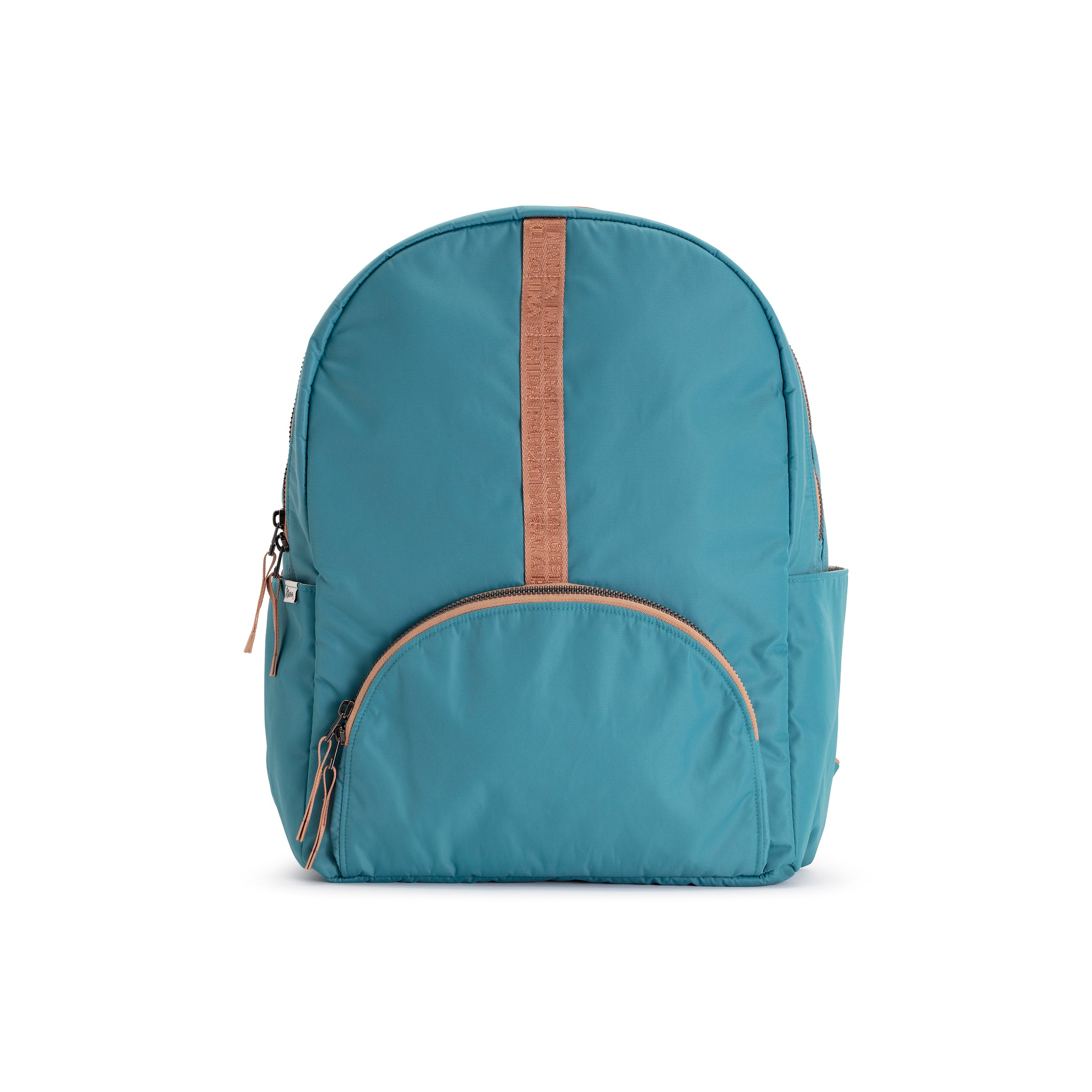 Teal and Camel Geeta nylon backpack, front view with camel trim, rounded zip front pocket and top grab handle. #teal_and_camel