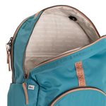 Teal and Camel Geeta nylon backpack with camel trim open at the top, revealing the gray and white printed-name lining inside. #teal_and_camel