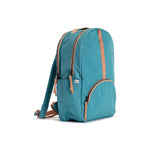 Teal and Camel Geeta nylon backpack, side profile showing the slim depth, side pocket and camel shoulder straps. #teal_and_camel