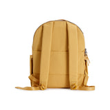 Amber Yellow Geeta nylon backpack, side profile showing the slim depth, side pocket and padded shoulder straps. #amber_yellow