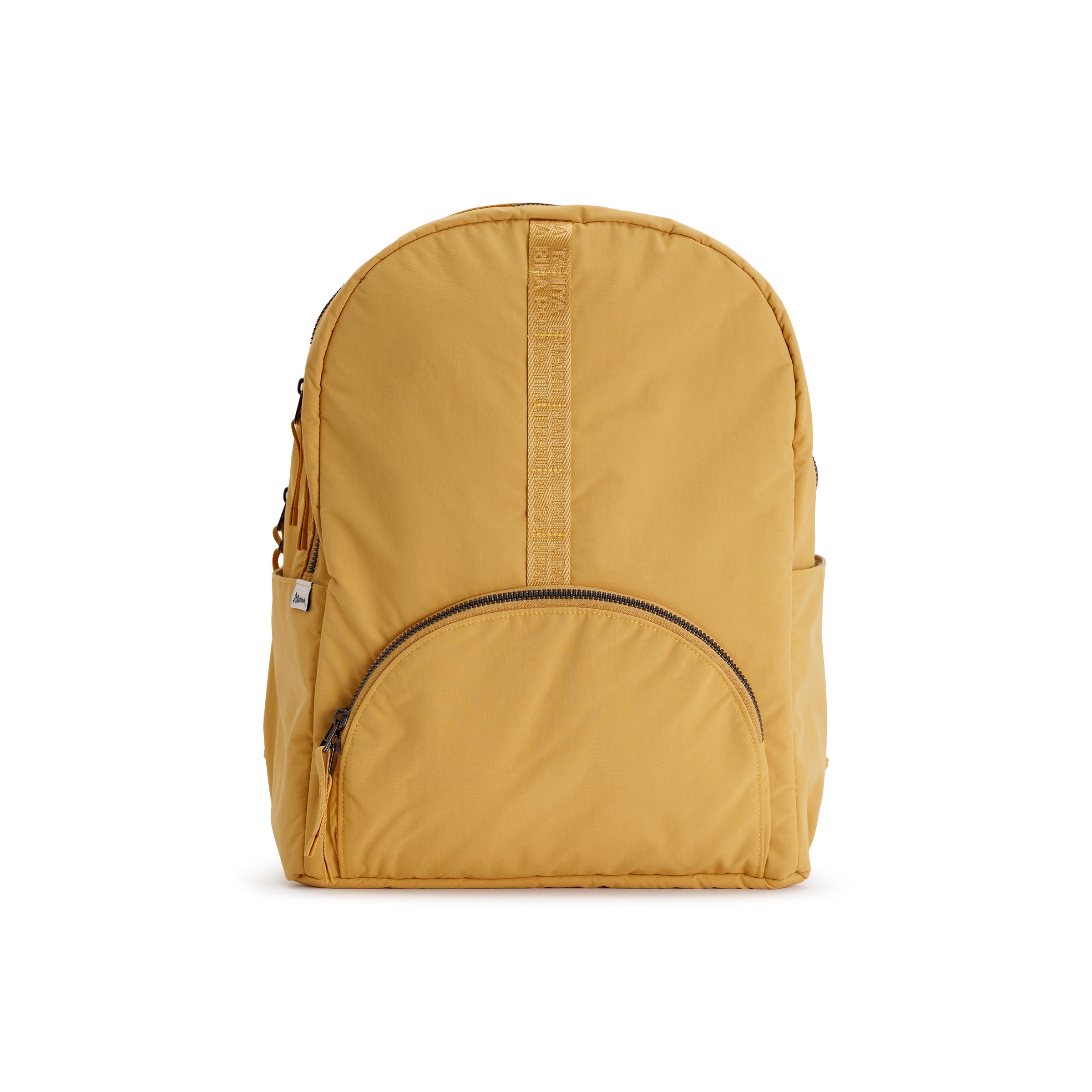 Amber Yellow Geeta nylon backpack, front view showing the rounded zip front pocket and top grab handle. #amber_yellow