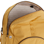 Amber Yellow Geeta nylon backpack open at the top, revealing the gray and white printed-name lining inside the main compartment. #amber_yellow