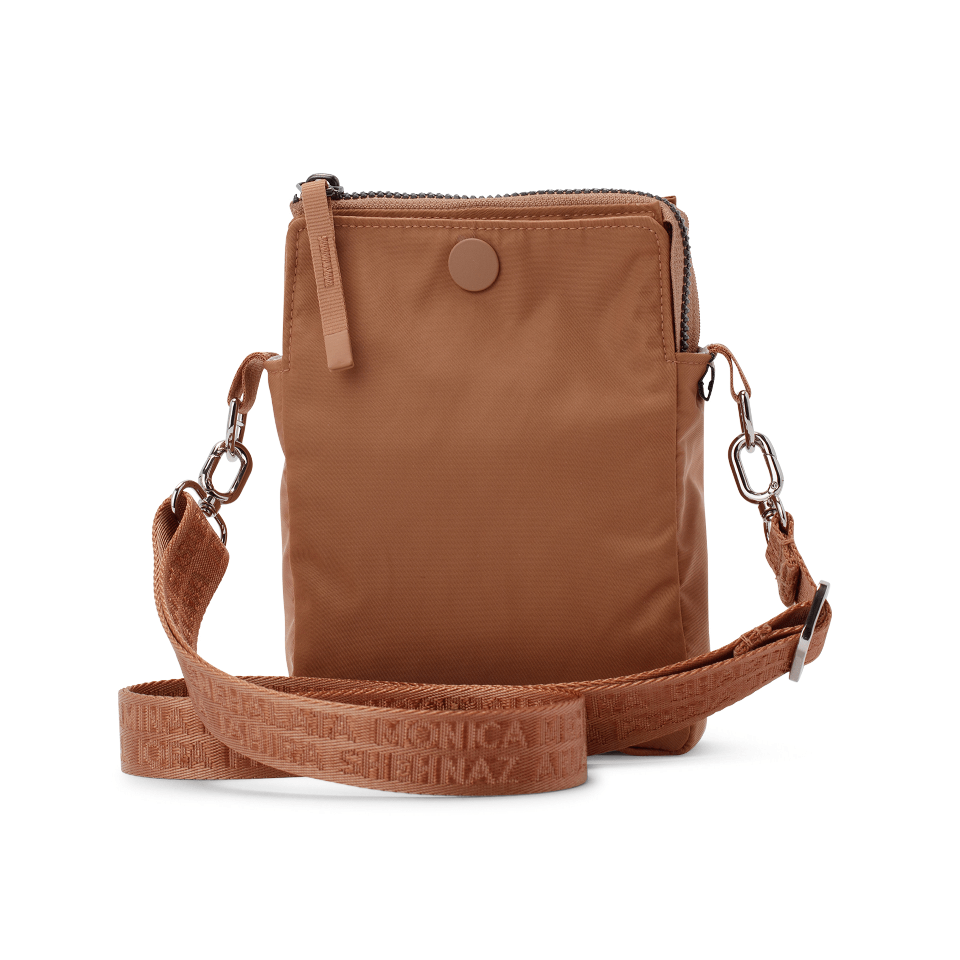 Small nylon shoulder bag with zip compartments for organized storage #camel