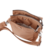 Water-repellent recycled nylon crossbody bag with ethical craftsmanship #camel