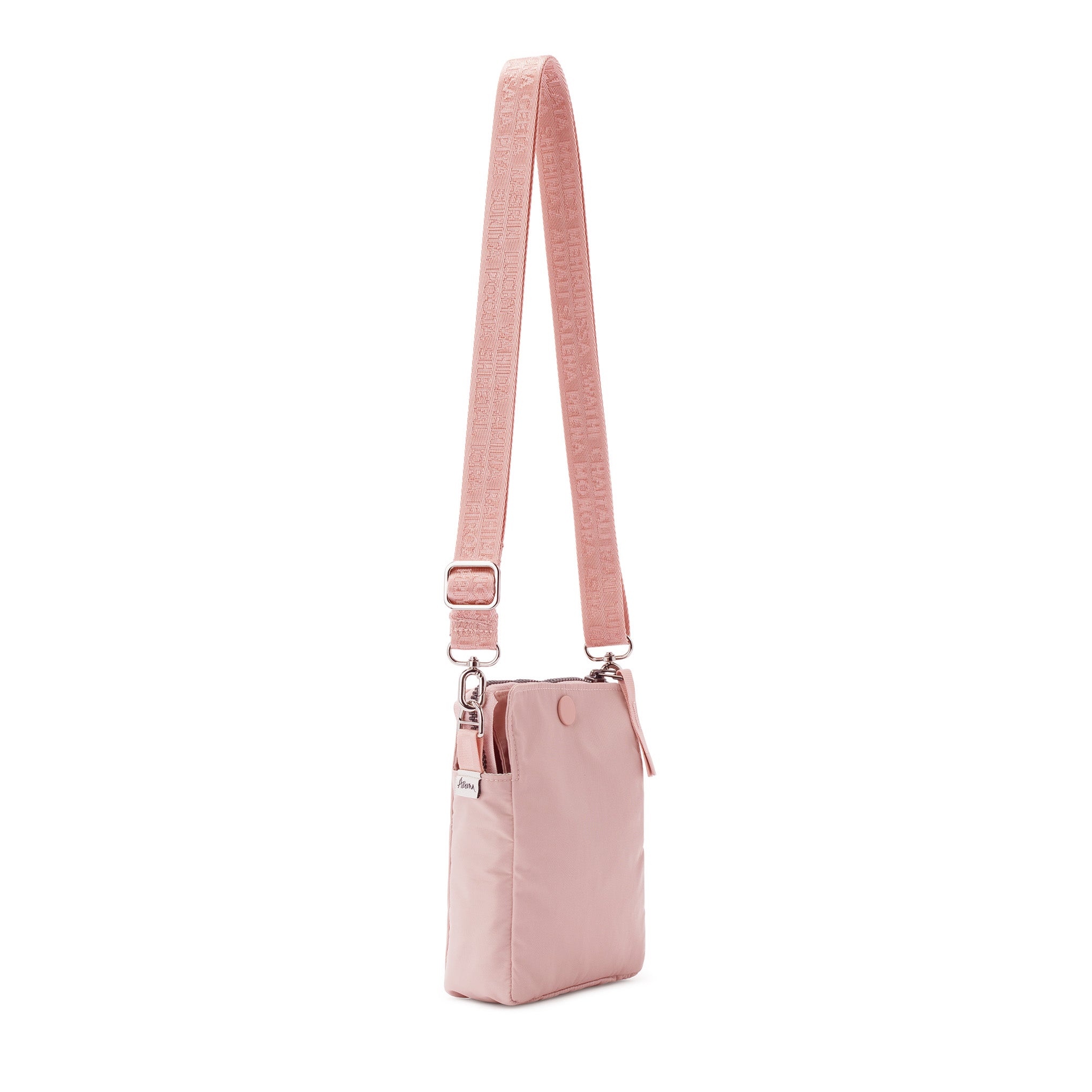 Pink crossbody bag with a strap on a white background #blush