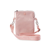 Pink crossbody bag with a strap on a white background #blush