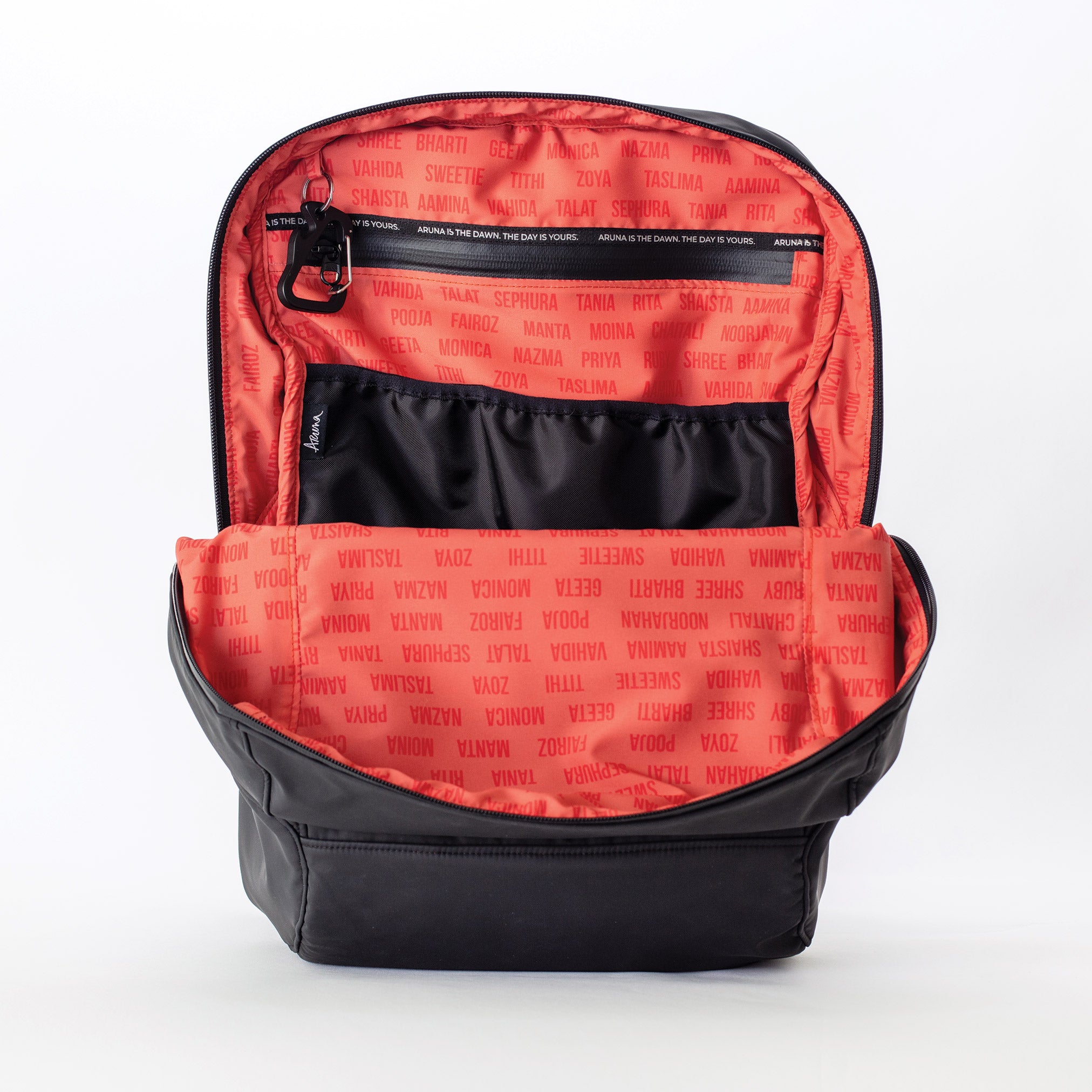 Rani Backpack from Aruna and Cincy Hats collaboration in sleek canvas with embroidered logo #matte_black