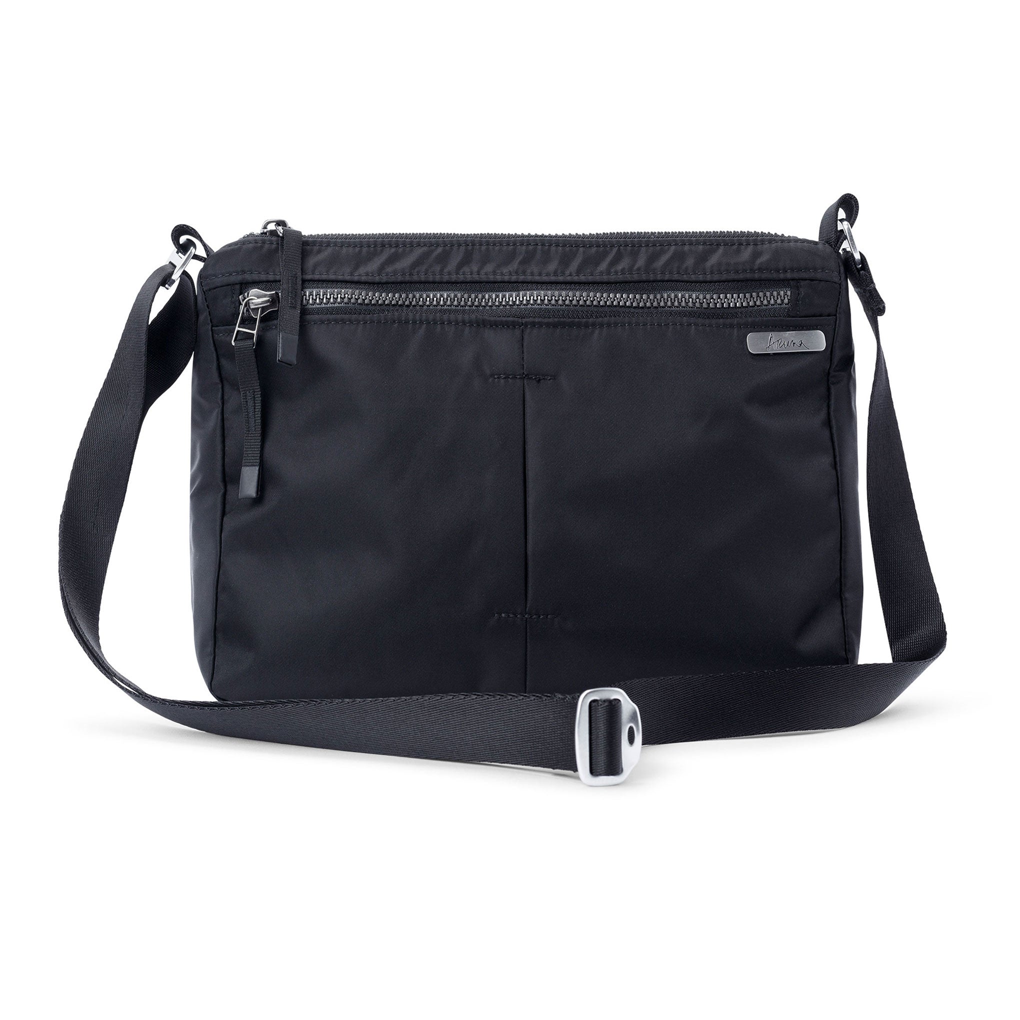 Shree Crossbody in Black — women’s lightweight nylon crossbody bag, front view #black