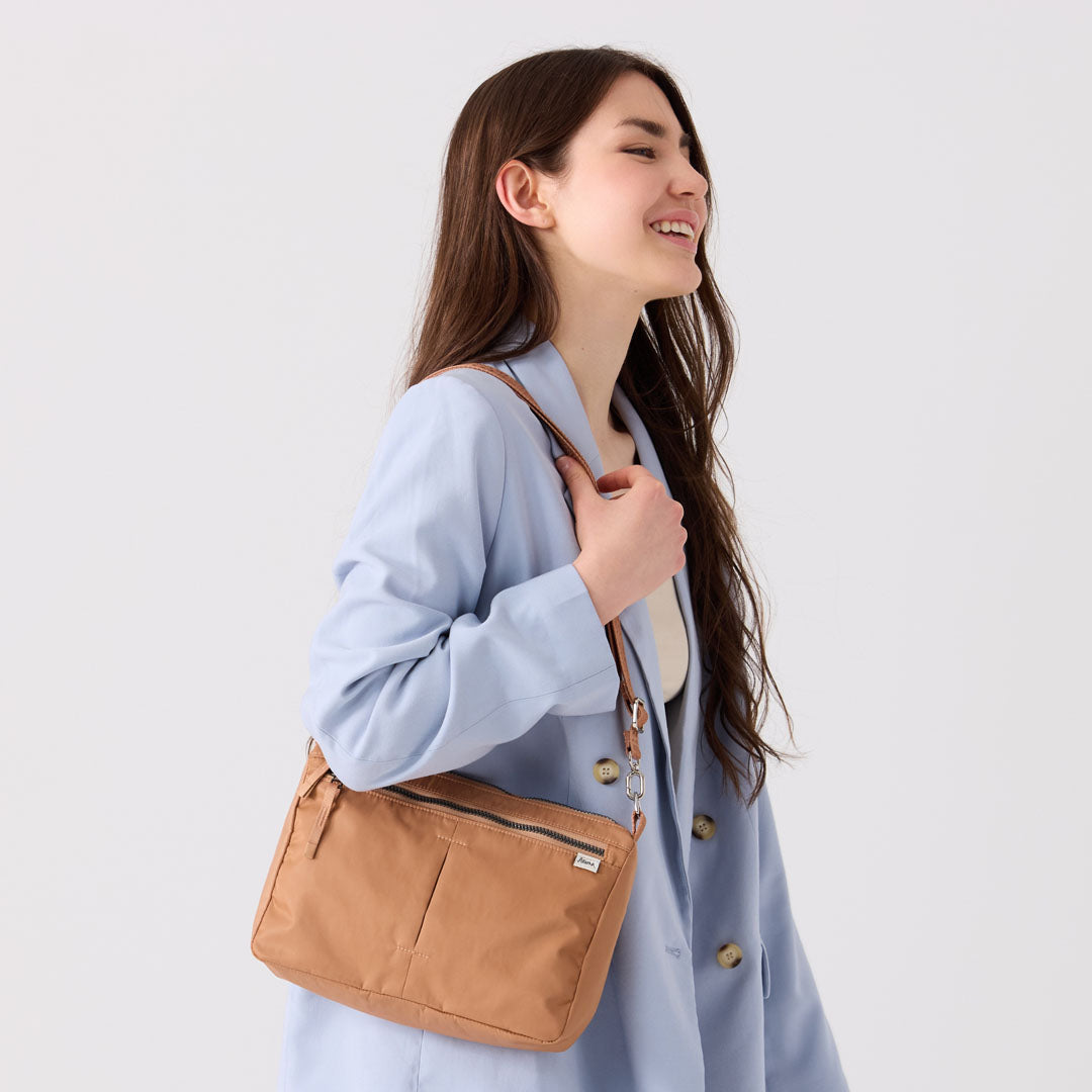 shree crossbody - minimalist crossbody bag with comfortable strap #camel